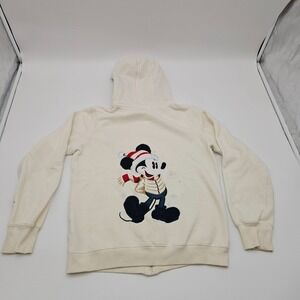Disney Mickey Mouse Cream Hoodie Festive Embroidery & Red Plaid Lining Size M
